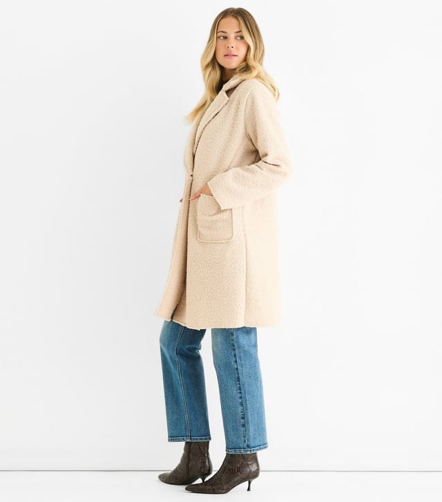 Gini London Women's Oatmeal Shearling Double Breasted Coat Gini London New Look - 3