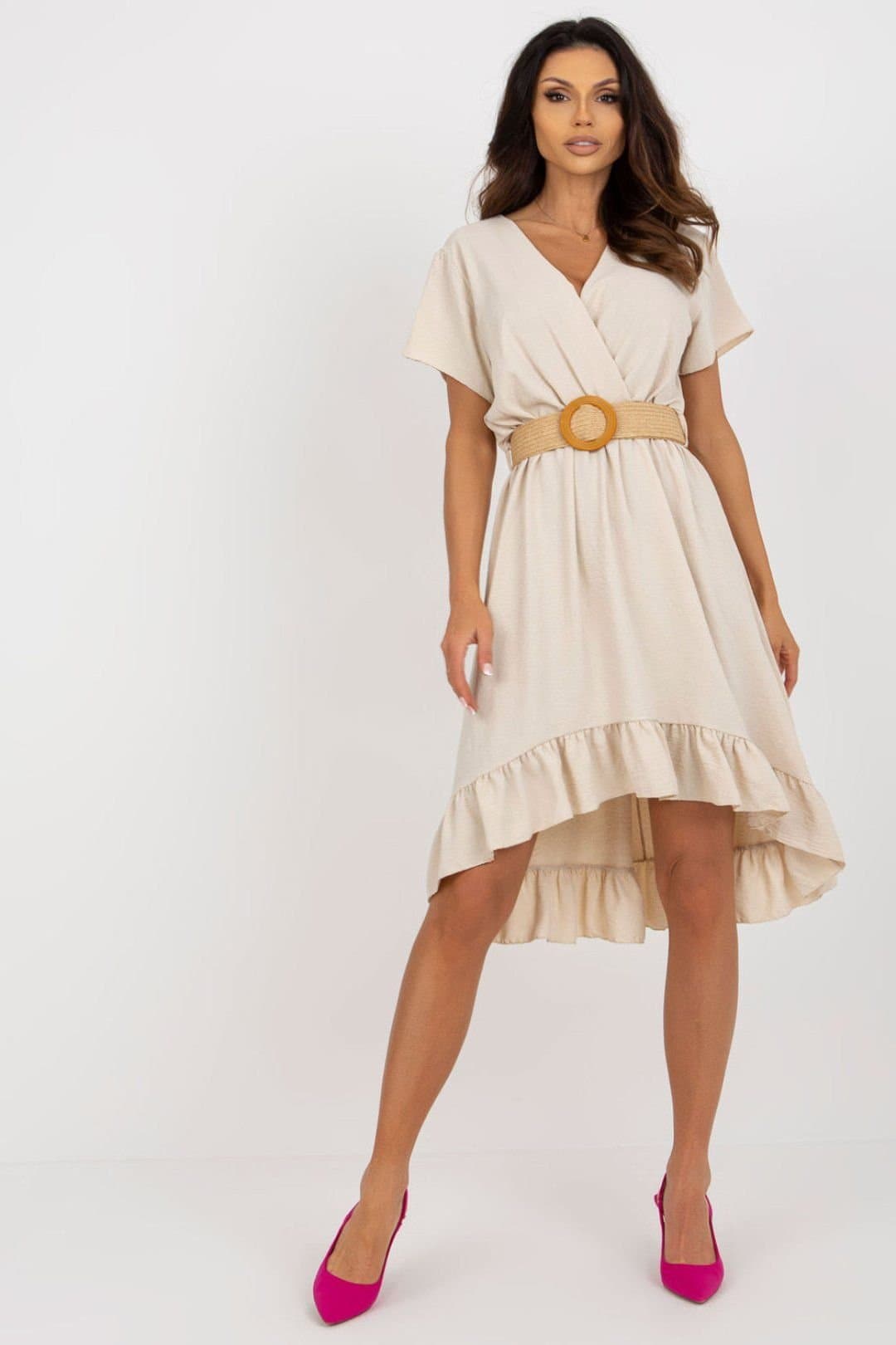 Love Lace Love Lace Women's Summer Heart Neck Asym Frill Dress Belt in Beige