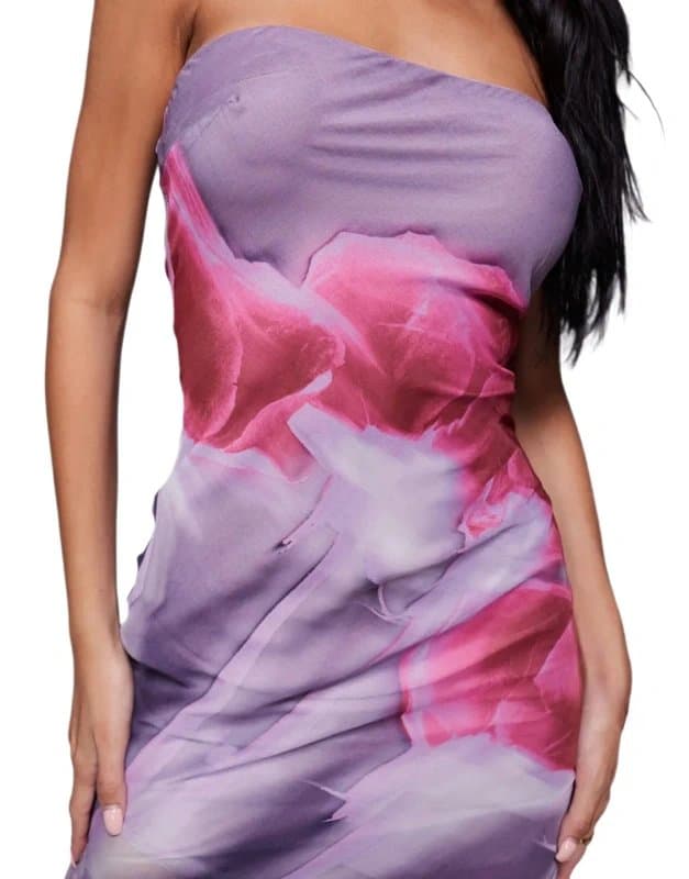 ASOS Design ASOS Design Lilac And Pink Floral Bandeau Fitted Zip Back Asymmetric Ruffle Hem Maxi Dress UK Size 6