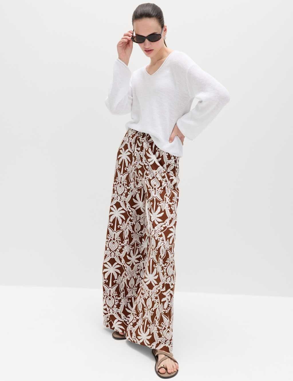 Marks & Spencer M&S Printed Pull On Wide Leg Trousers Brown Mix