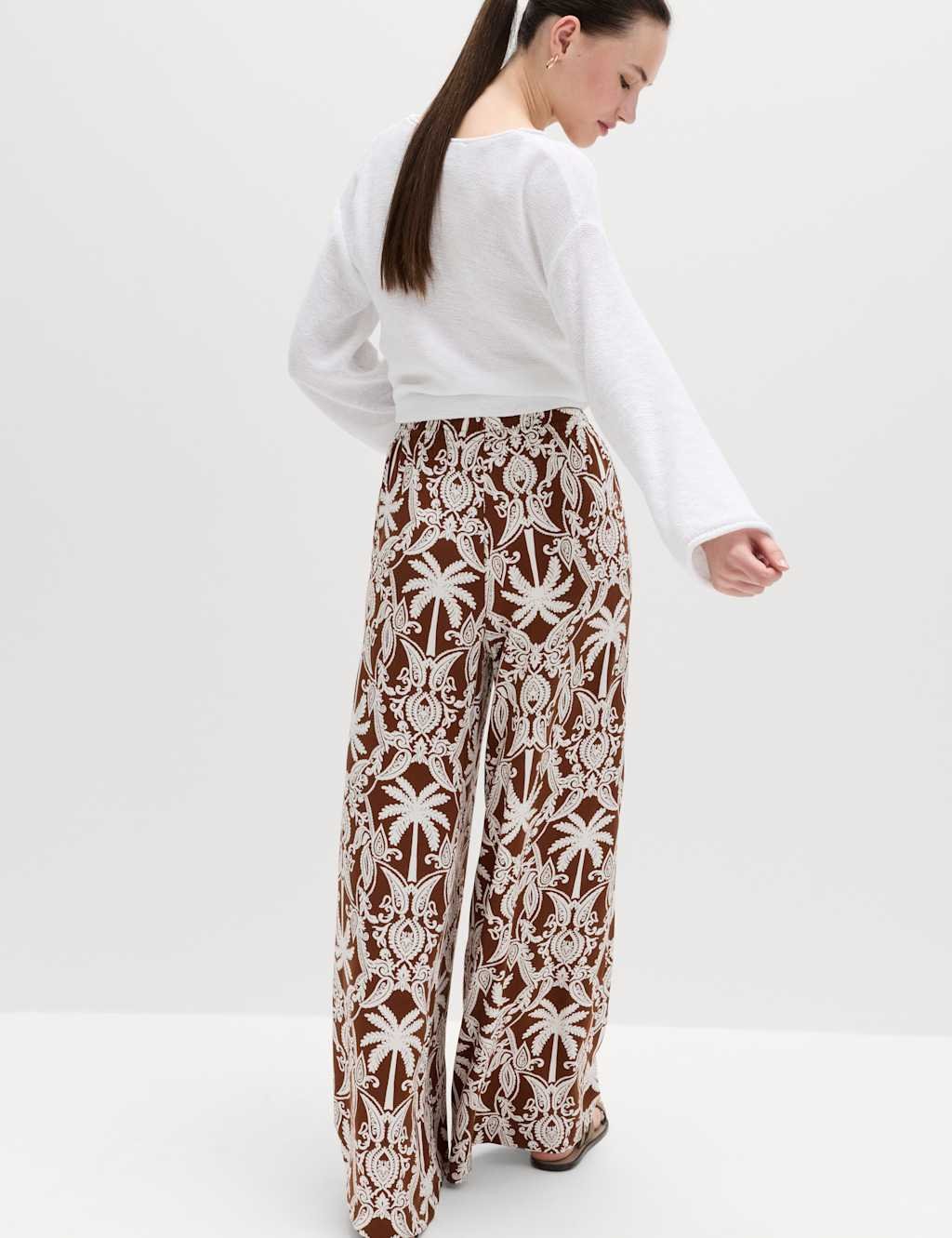 Marks & Spencer M&S Printed Pull On Wide Leg Trousers Brown Mix - 2