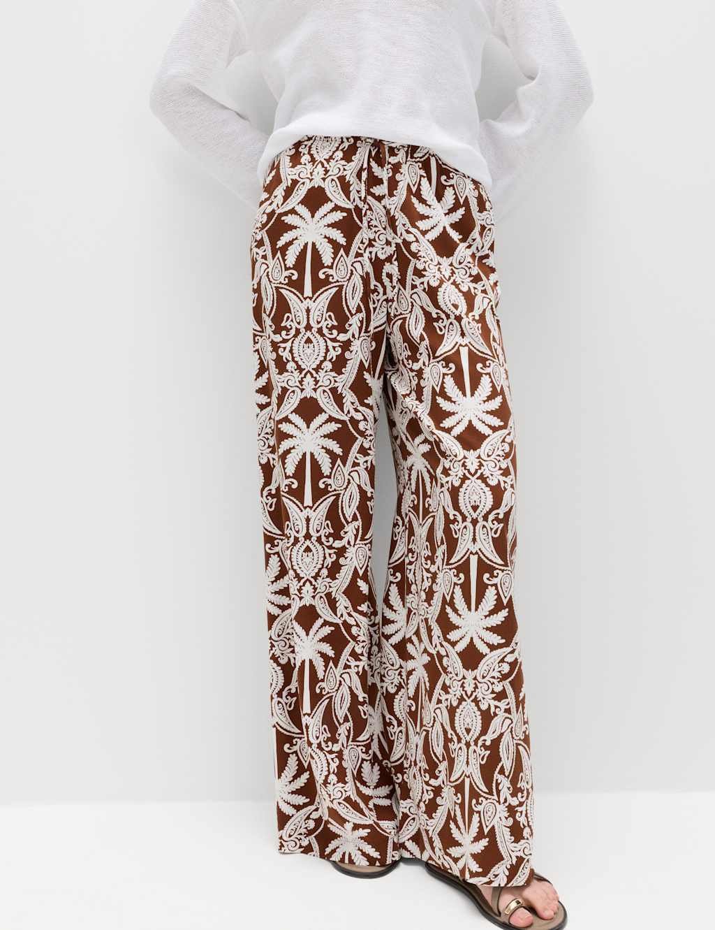 Marks & Spencer M&S Printed Pull On Wide Leg Trousers Brown Mix - 4