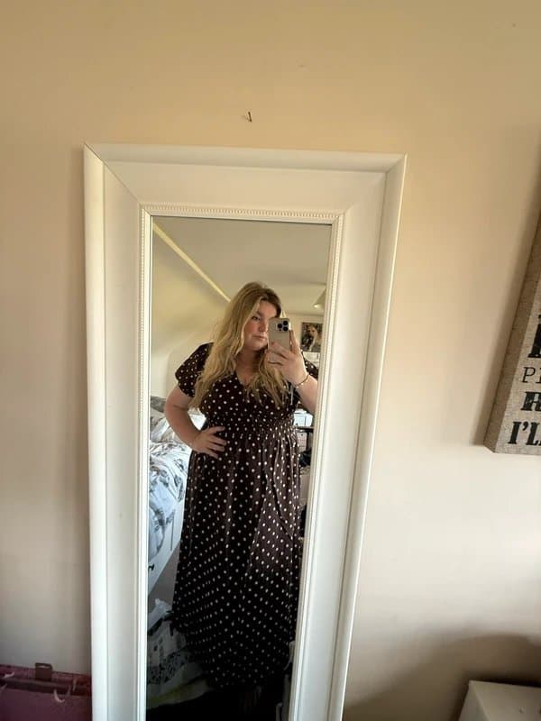 New Look New Look Curve women’s polka dot ruched waist midi dress in brown size 18 new