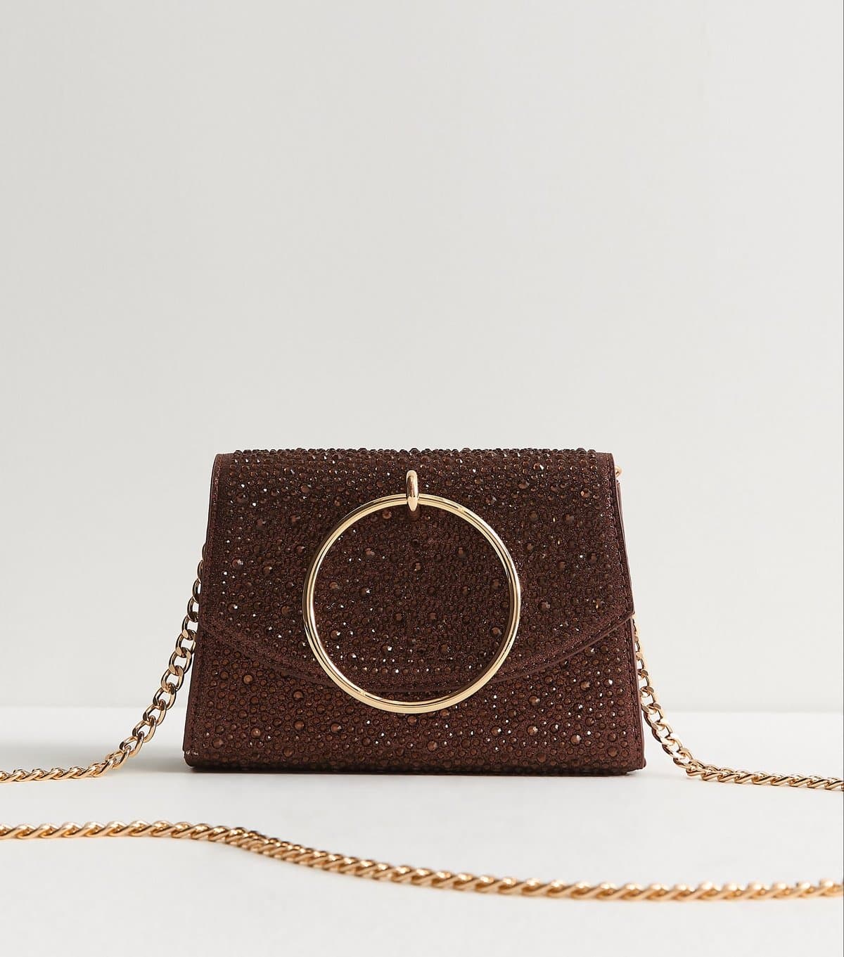 New Look Dark Brown Gem Embellished Circular Handle Clutch Bag New Look