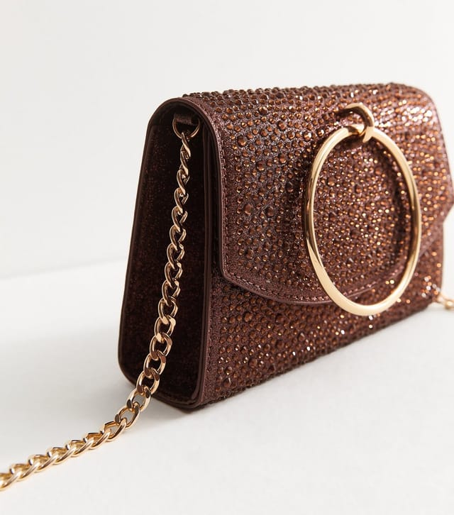New Look Dark Brown Gem Embellished Circular Handle Clutch Bag New Look - 3