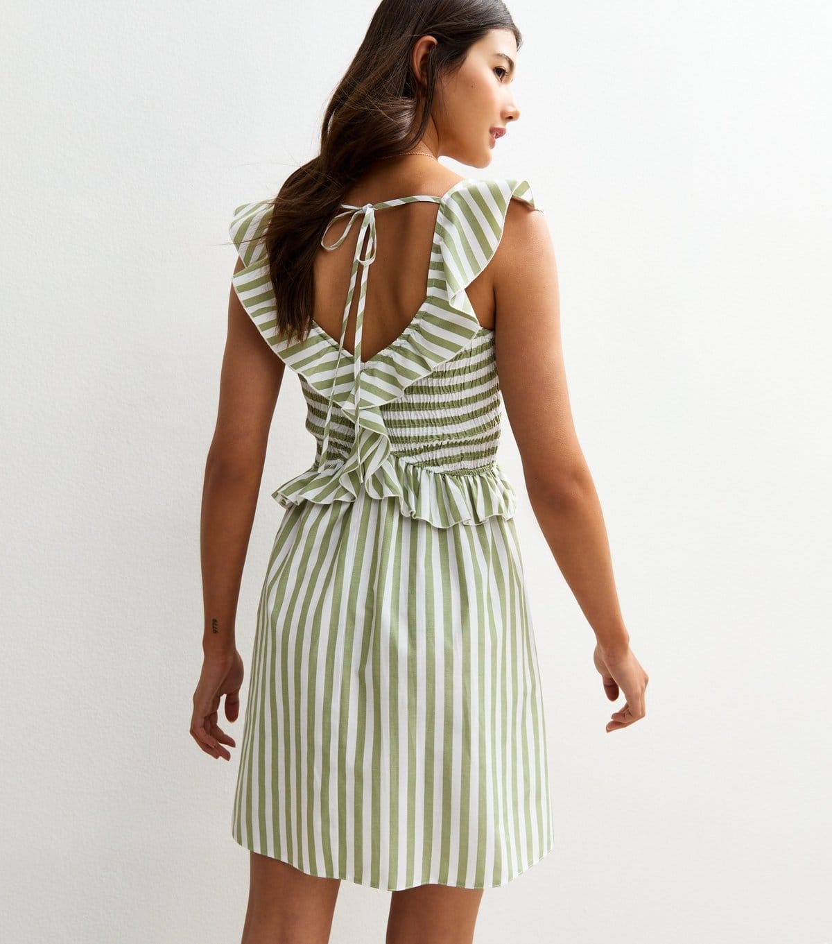 New Look Women's Green Striped Print Ruffle Trim Shirred Mini Dress New Look - 4