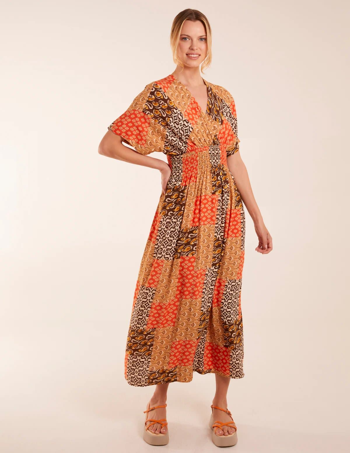 Blue Vanilla Abstract Patchwork Pattern V Neck Maxi Dress