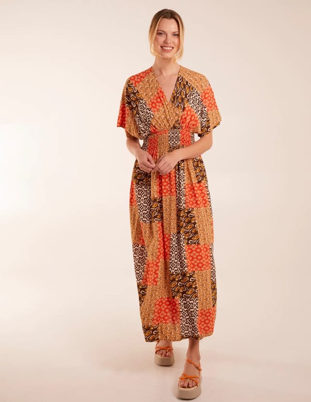 Blue Vanilla Abstract Patchwork Pattern V Neck Maxi Dress - 2