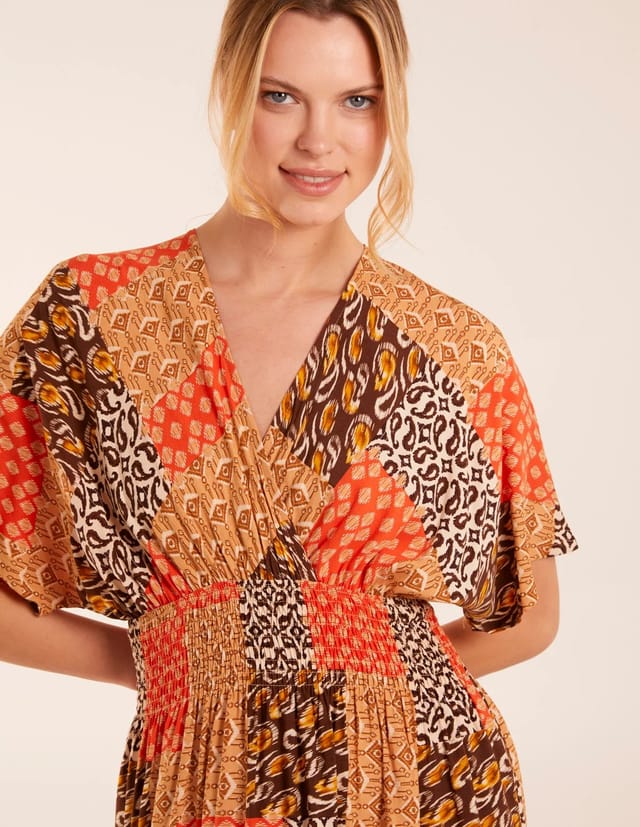 Blue Vanilla Abstract Patchwork Pattern V Neck Maxi Dress - 3