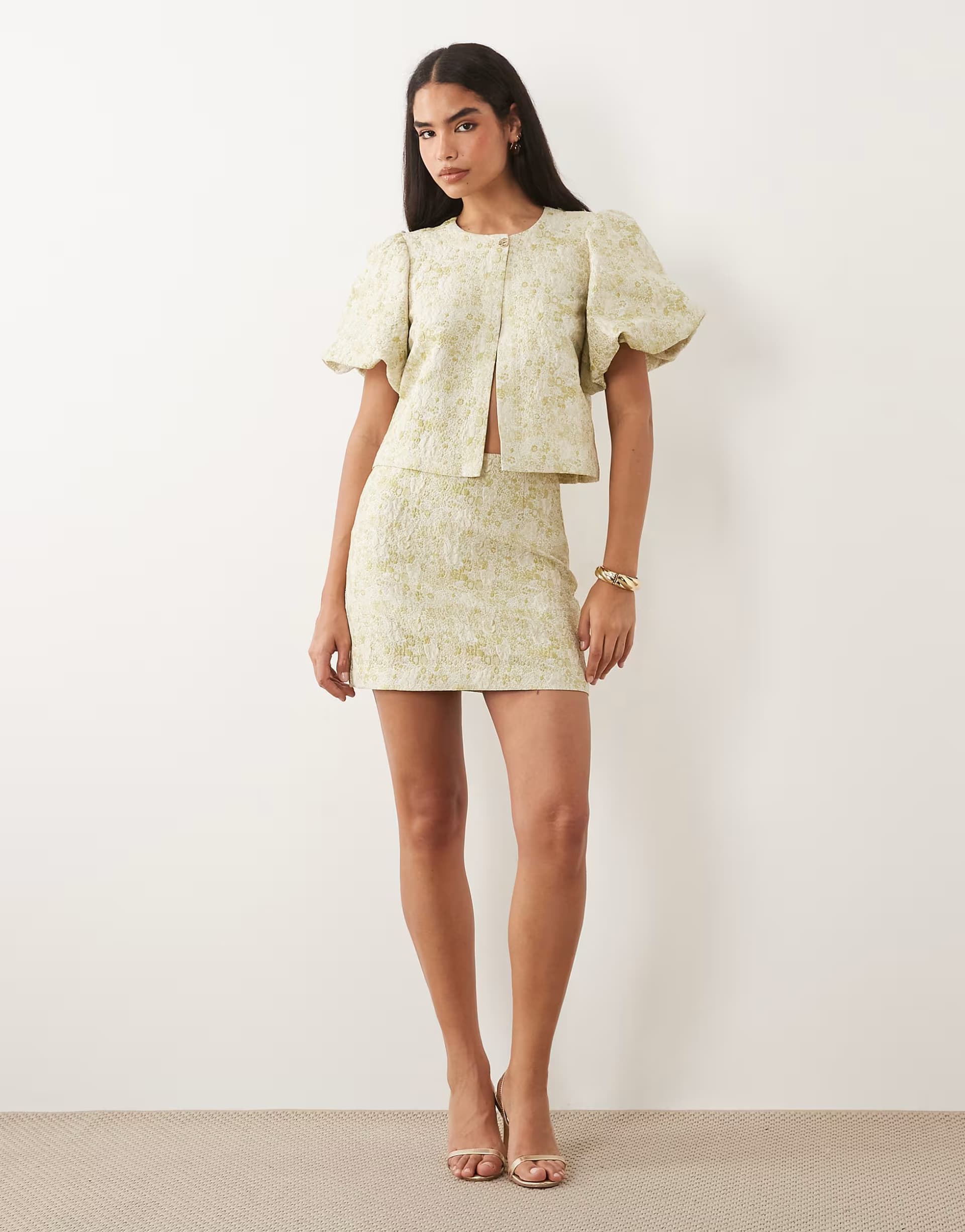 ASOS Vila tapestry floral jacquard mini skirt co-ord in smoke green
