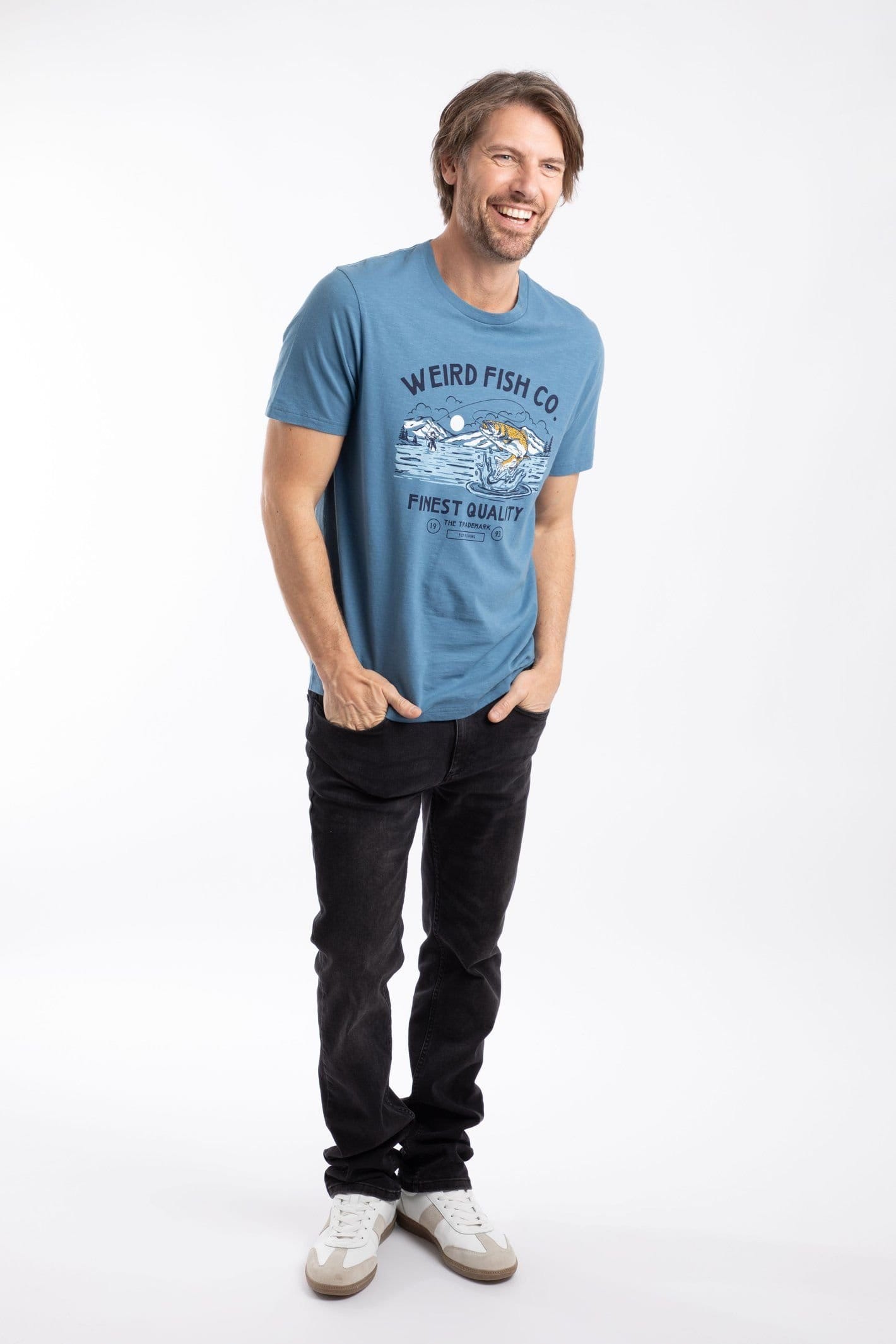 Weird Fish Weird Fish Men's Fish Out Of Water Front Print Graphic T-Shirt in Mid Blue - 4