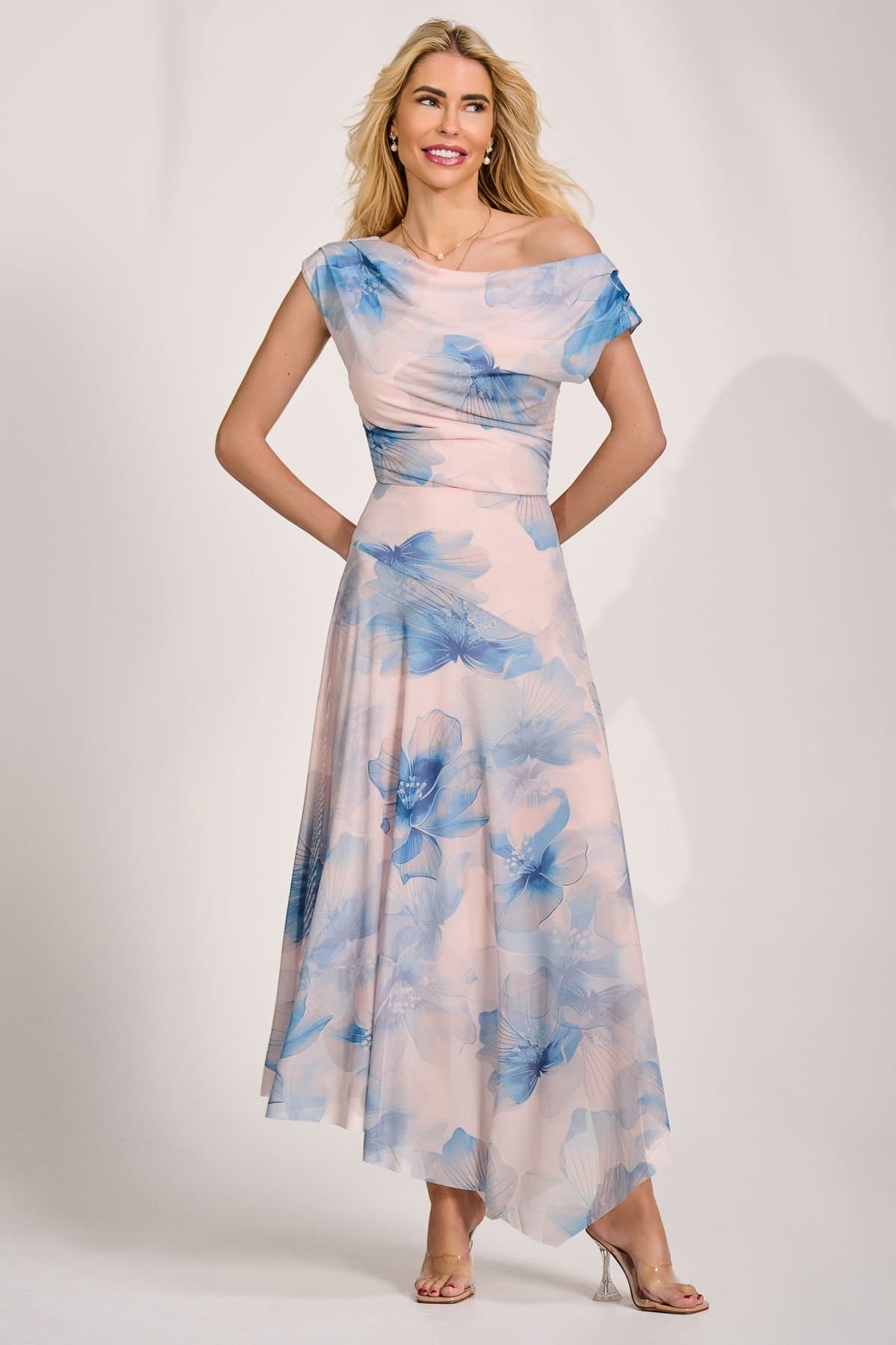 Jolie Moi Jolie Moi Women's Asymmetric Draped Mesh Maxi Dress in Pale Pink