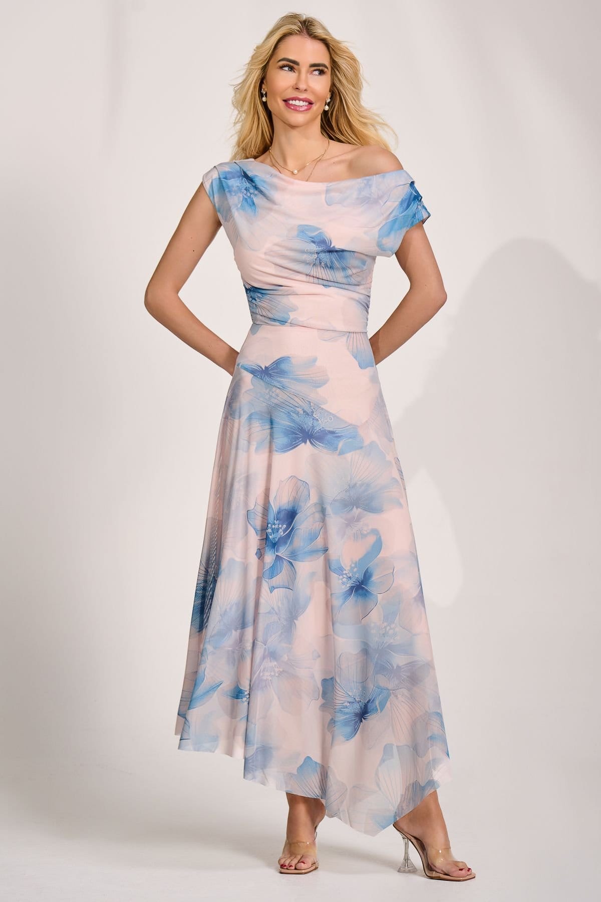 Jolie Moi Asymmetric Draped Mesh Maxi Dress In Pale Pink