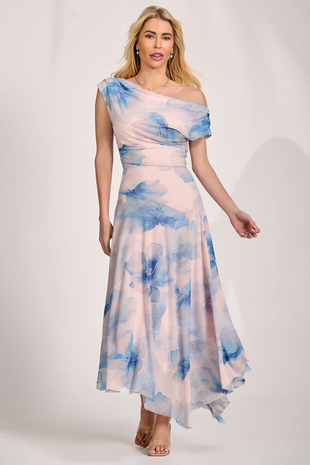 Jolie Moi Jolie Moi Women's Asymmetric Draped Mesh Maxi Dress in Pale Pink - 4