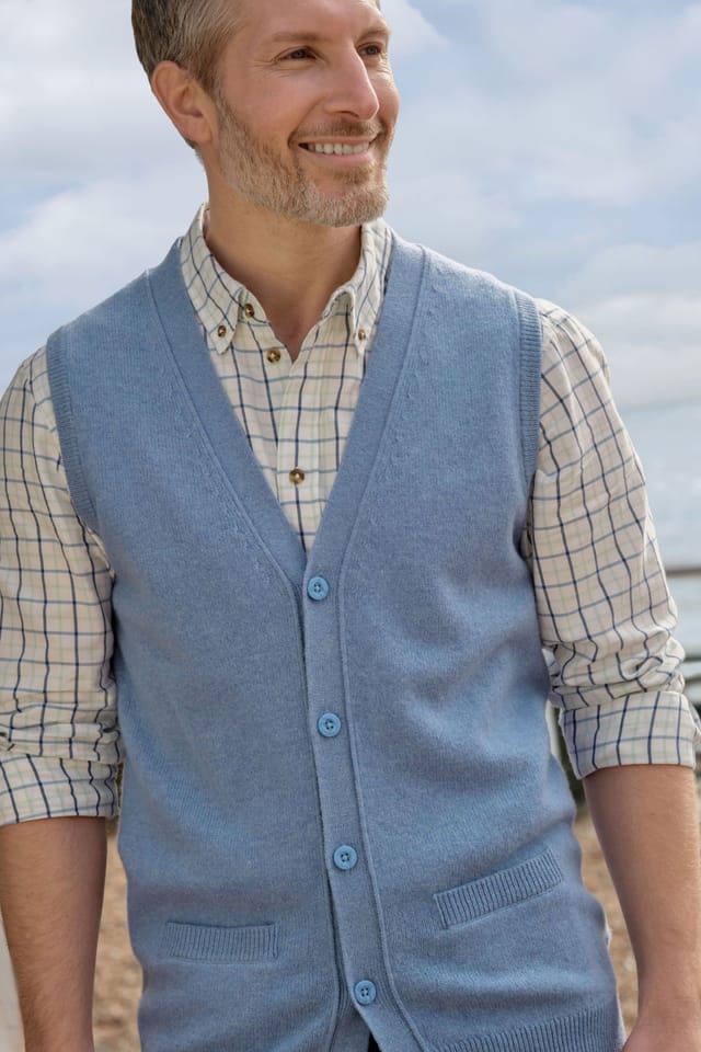 WoolOvers WoolOvers Men's Mens 100% Lambswool Waistcoat in Baby Blue - 2