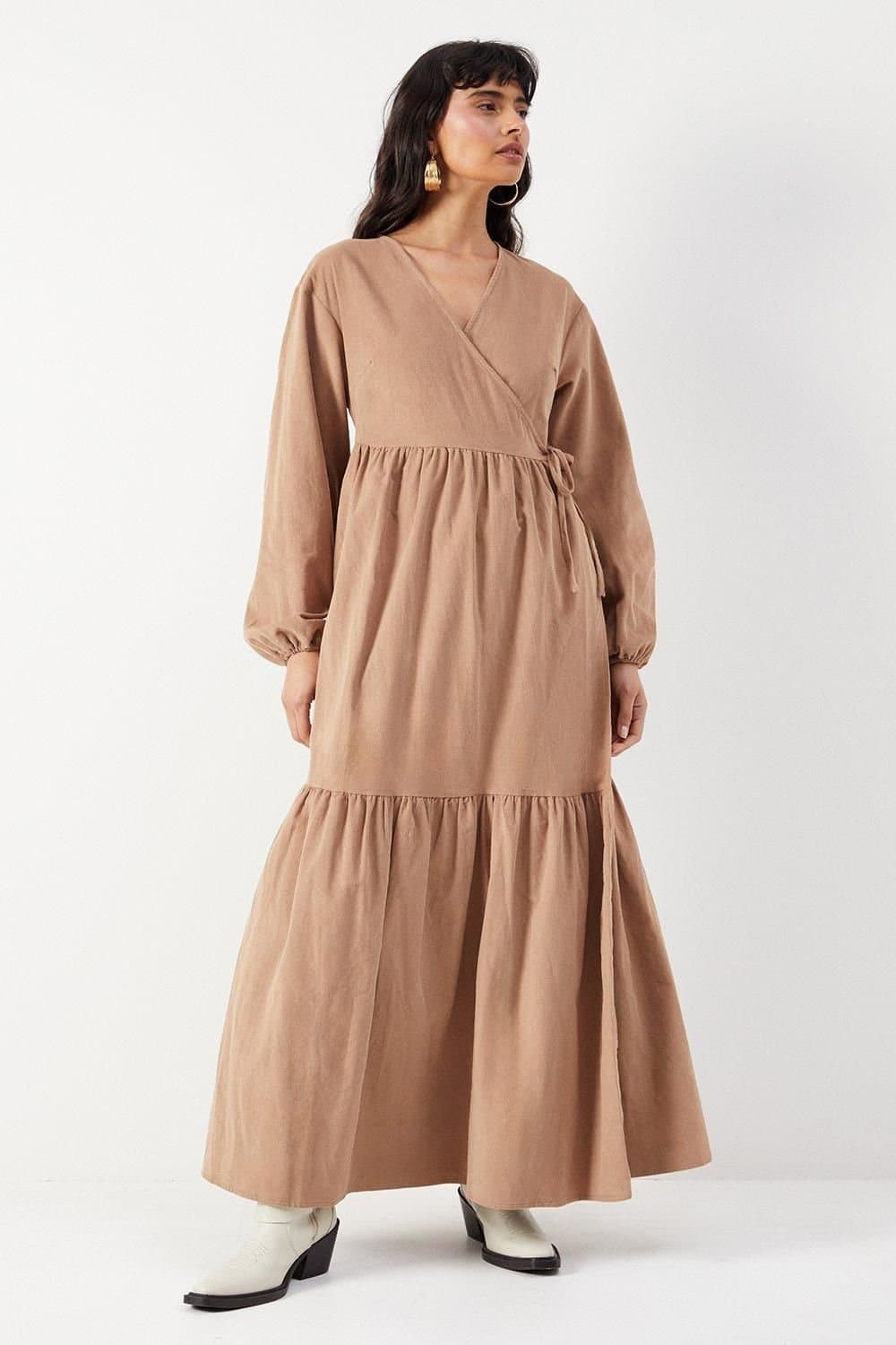 Warehouse Warehouse Women's Baby Cord Wrap Midi Smock Dress in Taupe