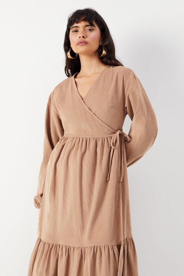 Warehouse Warehouse Women's Baby Cord Wrap Midi Smock Dress in Taupe - 2