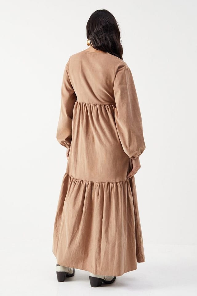 Warehouse Warehouse Women's Baby Cord Wrap Midi Smock Dress in Taupe - 3