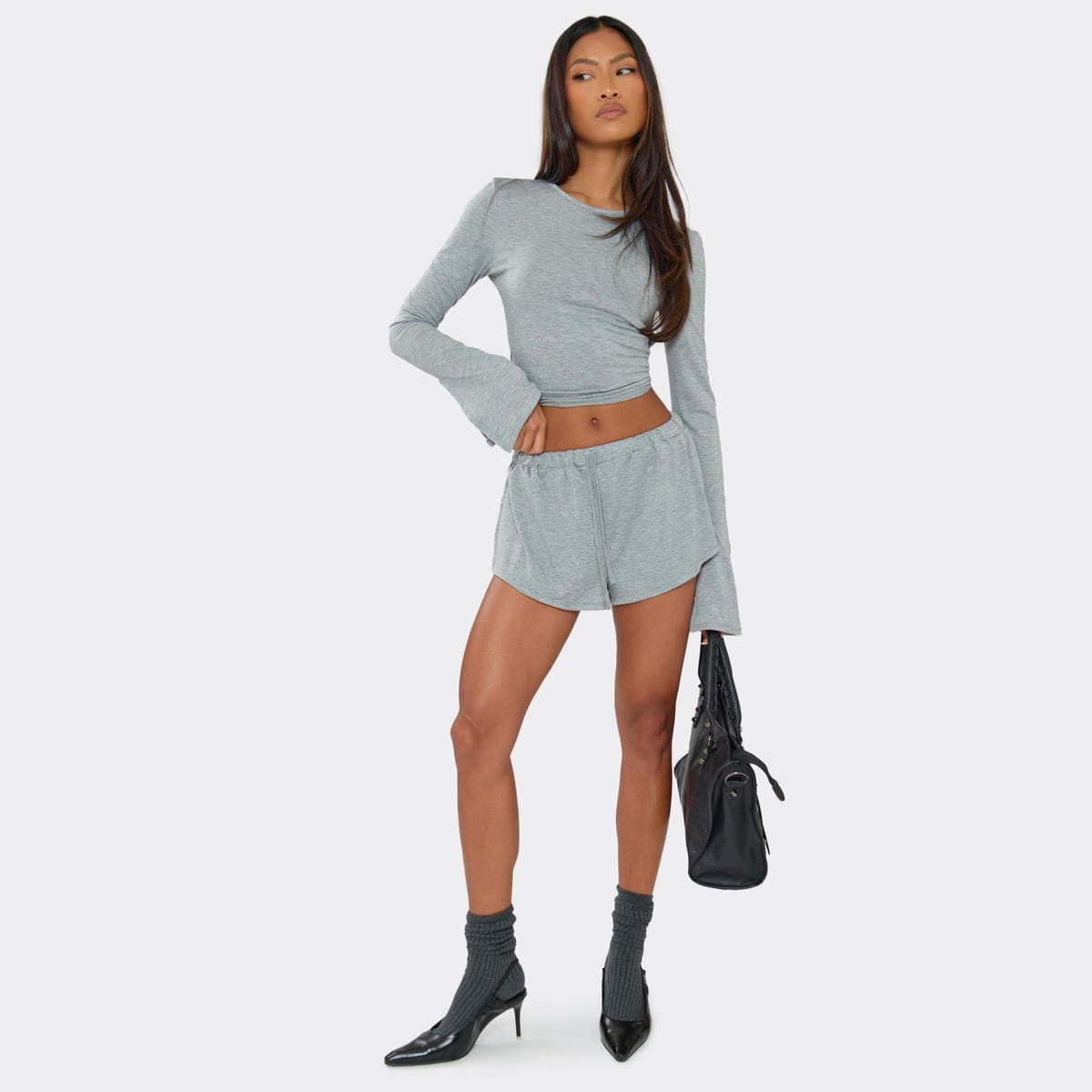 EGO Low Rise Elasticated Drawstring Waist Shorts In Grey, Women's Size UK 6 - 1