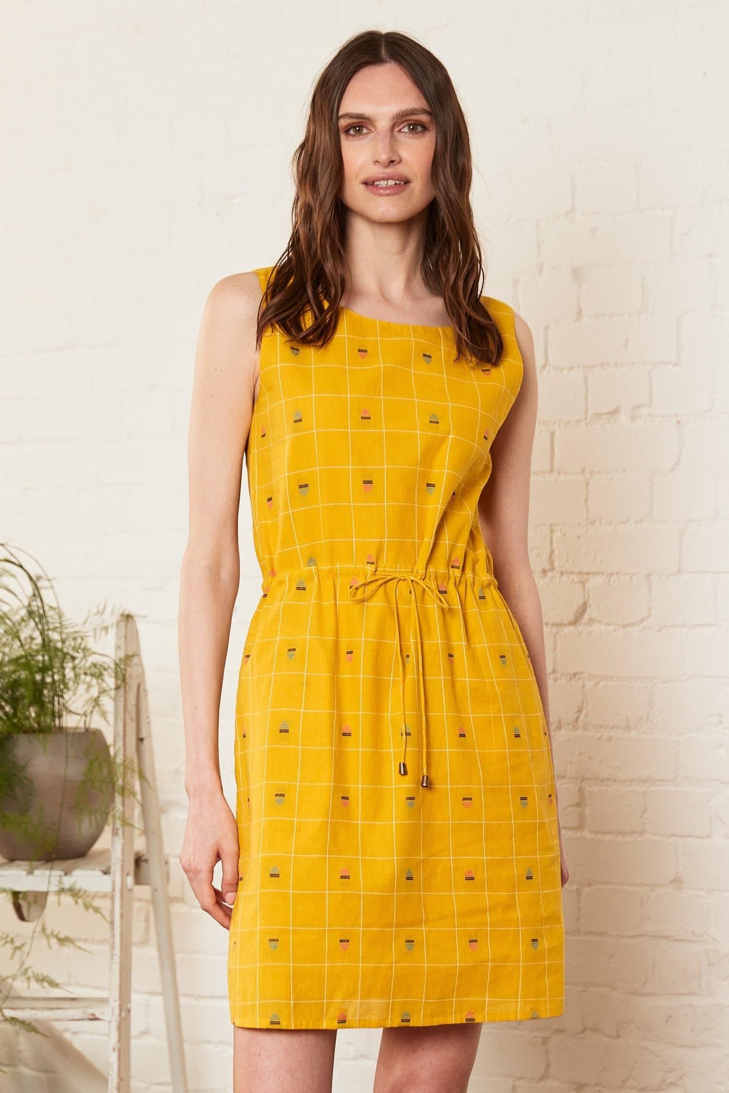 Nomads Clothing Nomads Clothing Women's Cotton Ikat Drawstring Tunic Dress in Mustard
