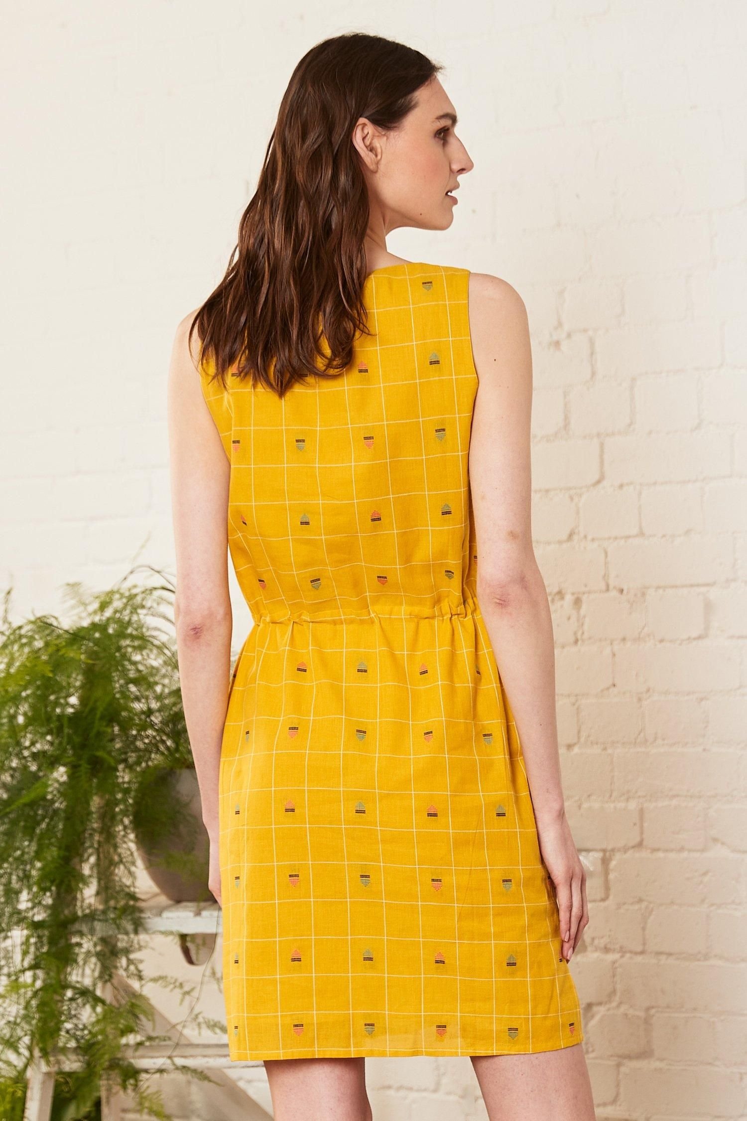 Nomads Clothing Nomads Clothing Women's Cotton Ikat Drawstring Tunic Dress in Mustard - 3