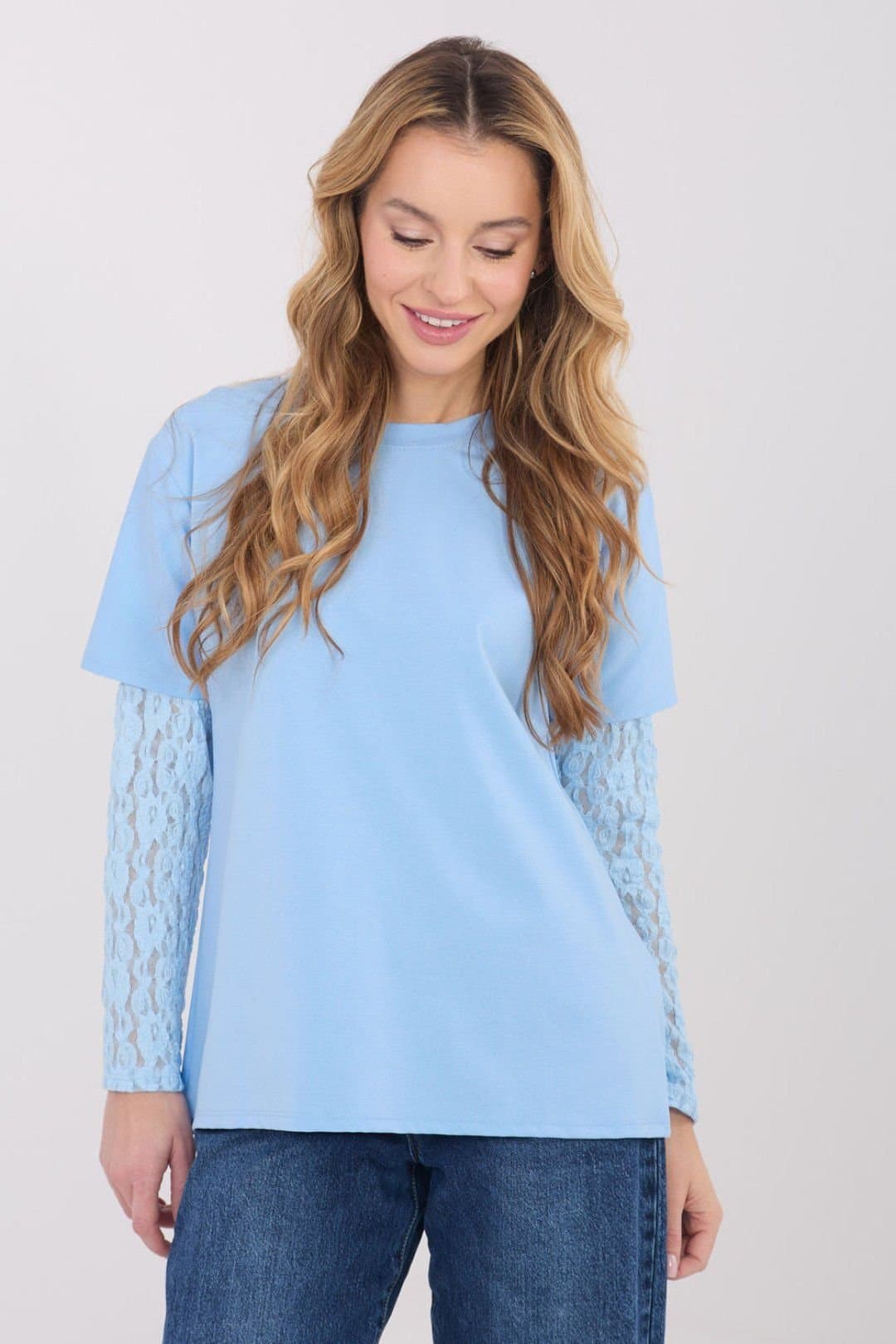 Love Lace Love Lace Women's Daily Cotton Blend Blouse with Lace Sleeves in Blue