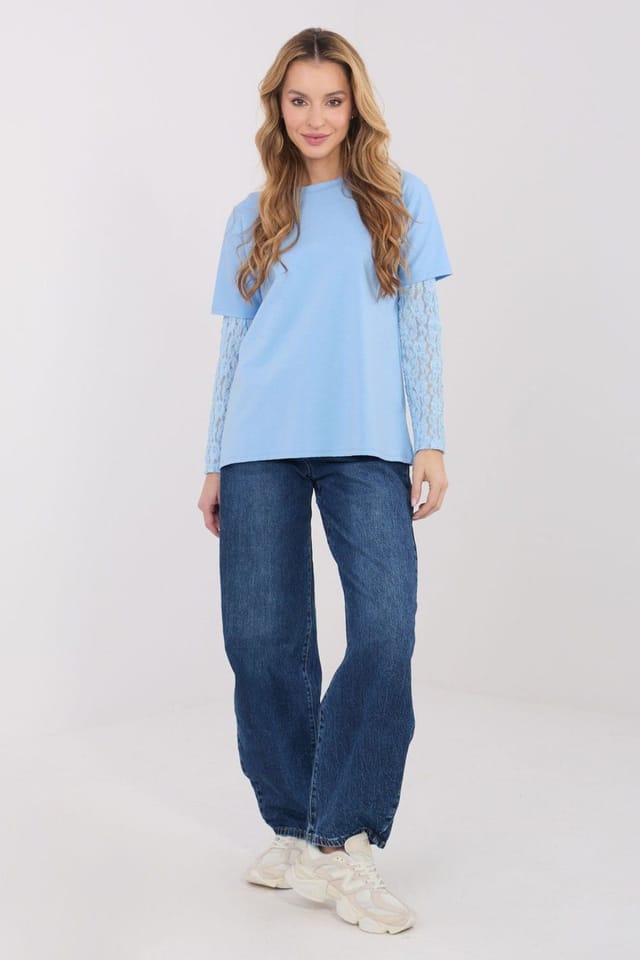 Love Lace Love Lace Women's Daily Cotton Blend Blouse with Lace Sleeves in Blue - 2