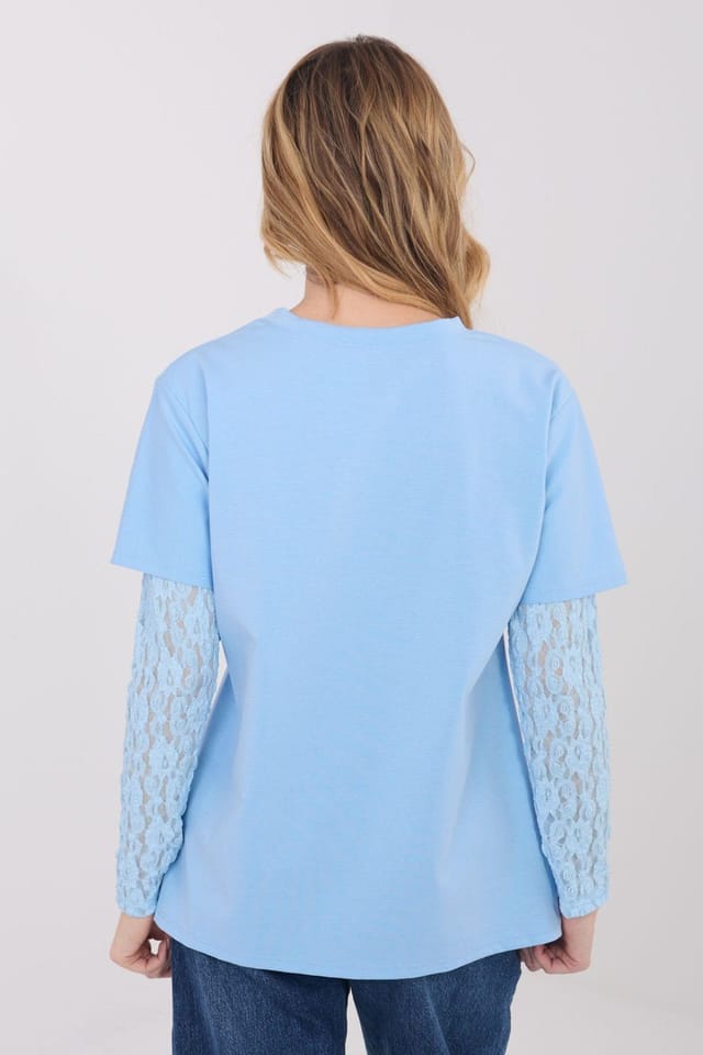 Love Lace Love Lace Women's Daily Cotton Blend Blouse with Lace Sleeves in Blue - 3