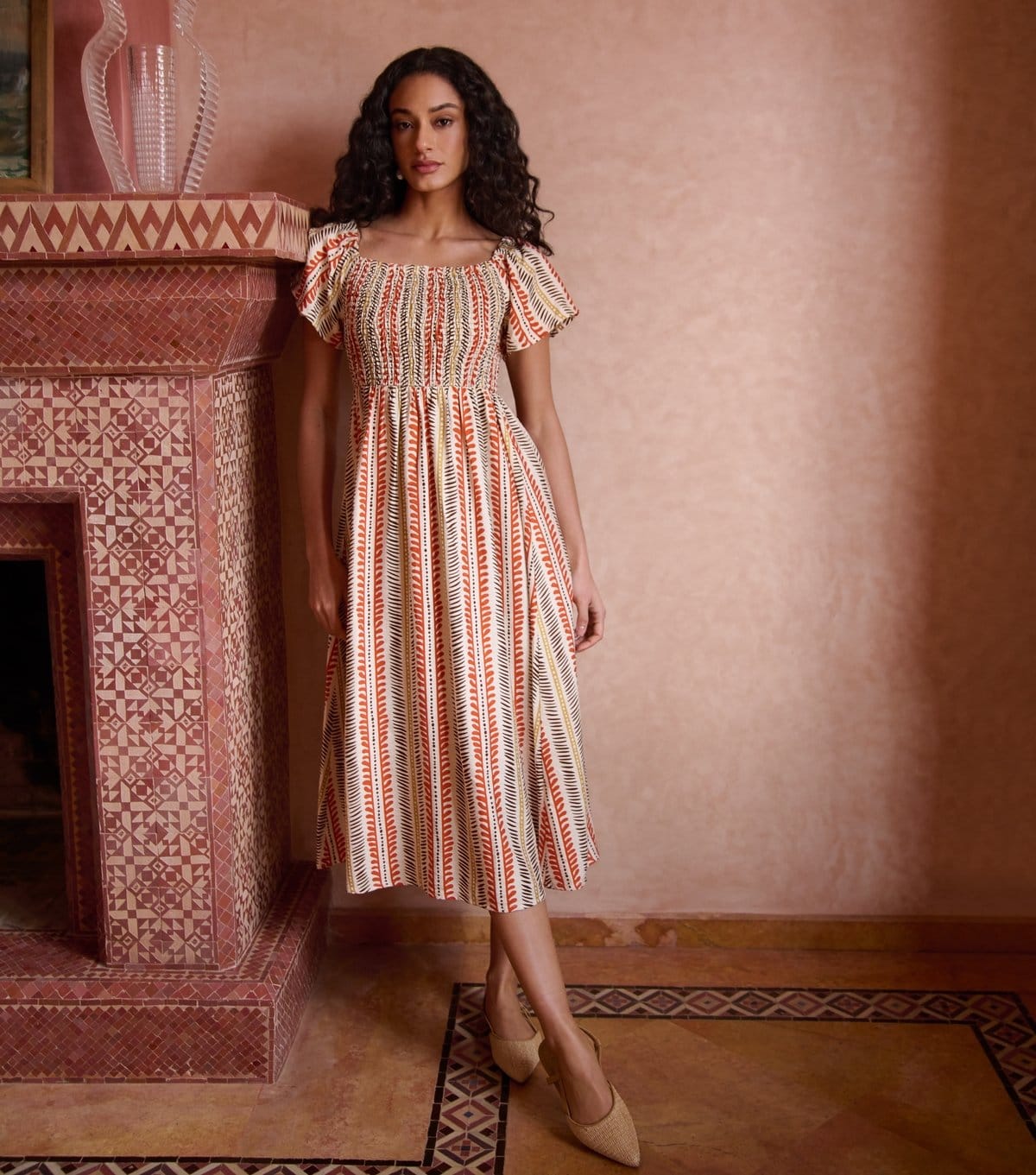 Women's Orange Striped Shirred Midi Dress Blue Vanilla New Look