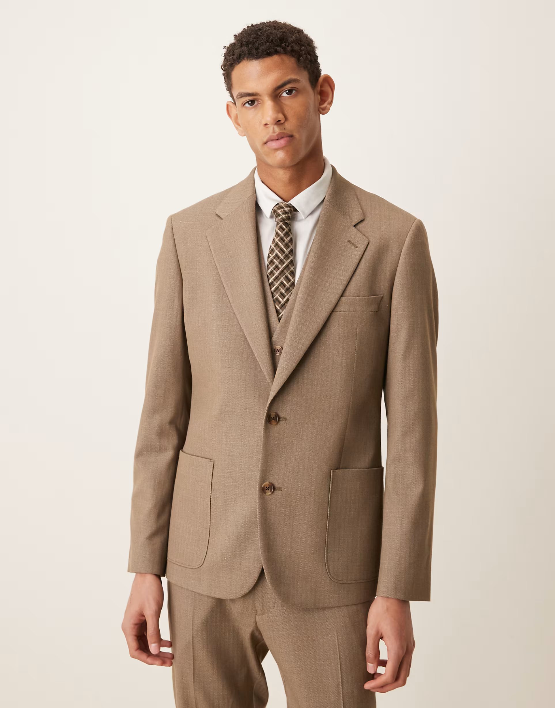ASOS ASOS DESIGN skinny suit jacket in beige wool look herringbone - 1