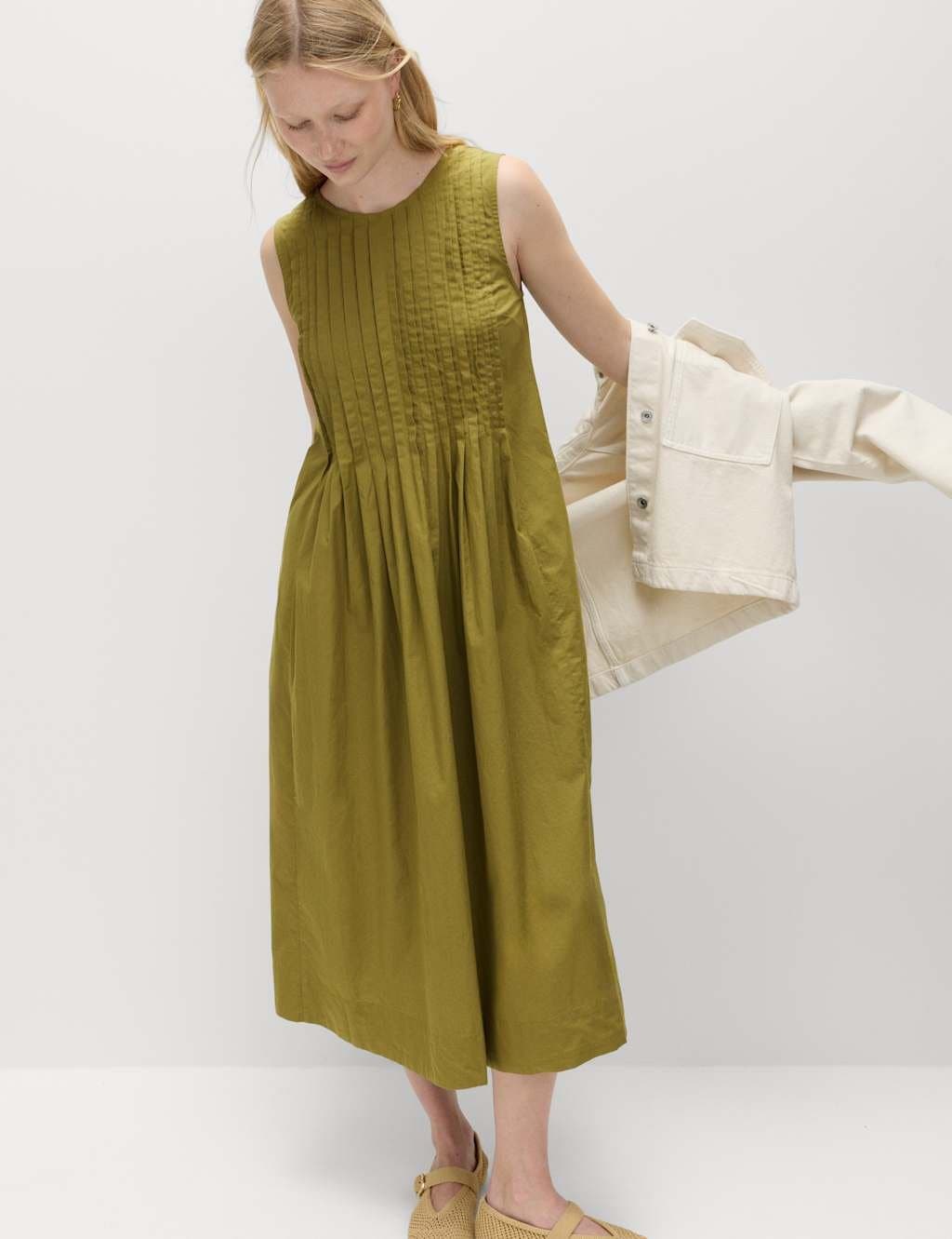 Marks & Spencer M&S Pure Cotton Pintuck Midi Relaxed Dress Lime