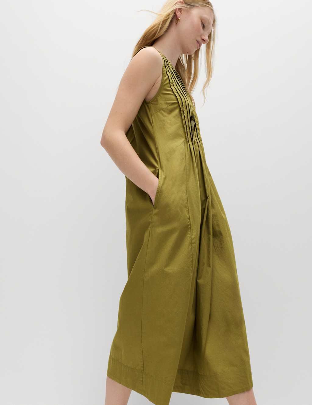 Marks & Spencer M&S Pure Cotton Pintuck Midi Relaxed Dress Lime - 3