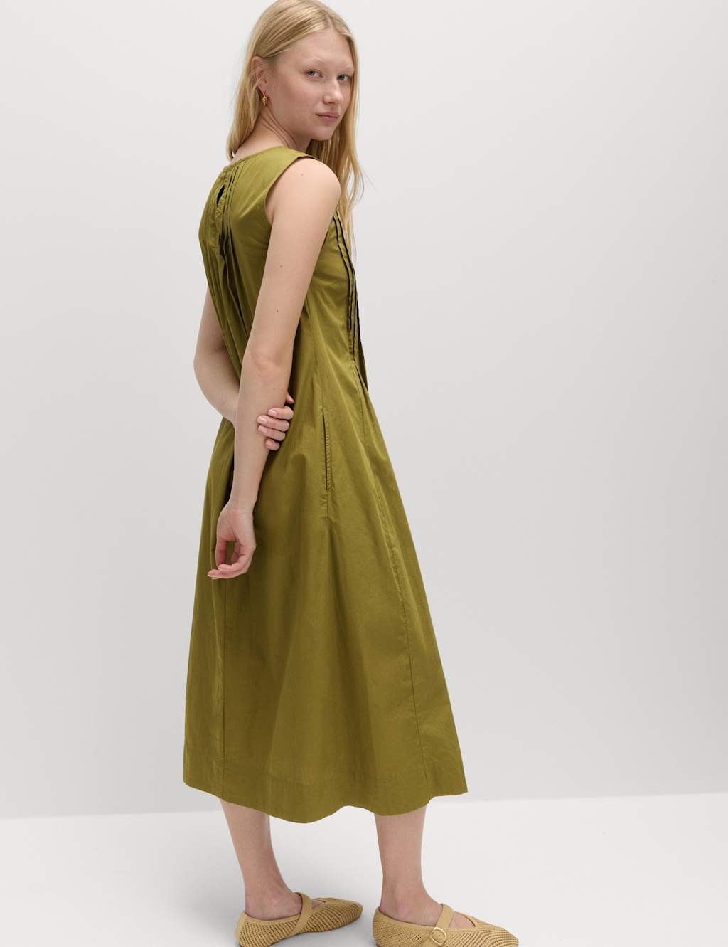 Marks & Spencer M&S Pure Cotton Pintuck Midi Relaxed Dress Lime - 4