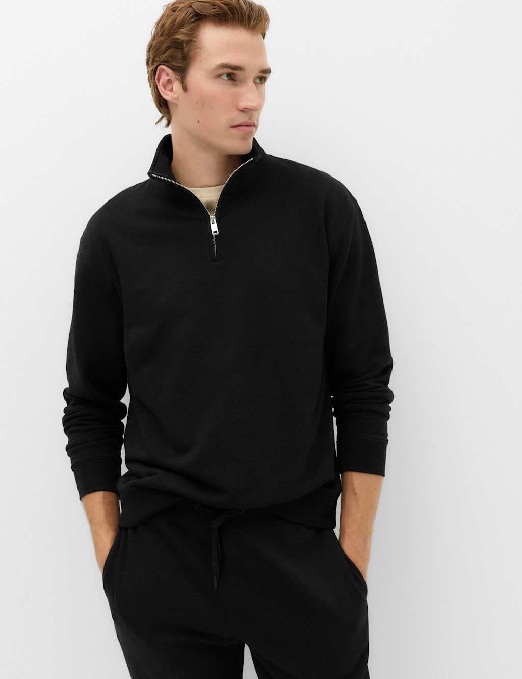 Marks & Spencer M&S Cotton Rich Loopback Half Zip Sweatshirt Black