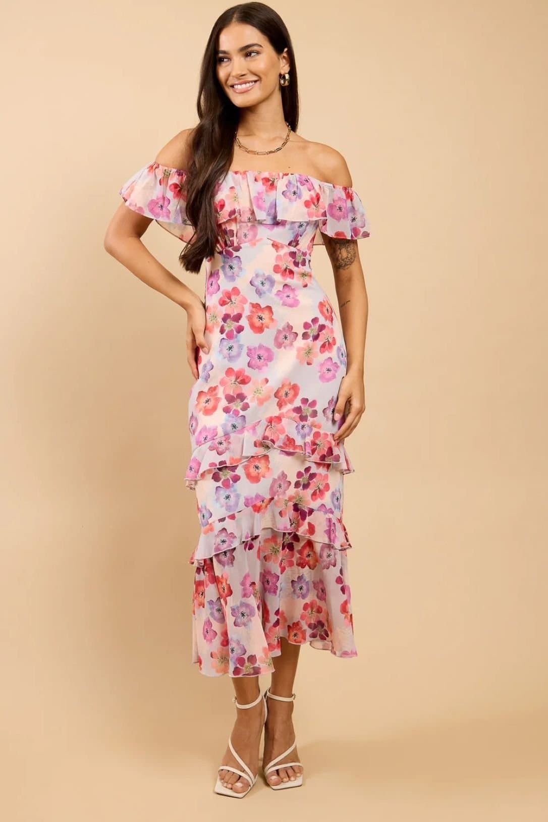 Little Mistress Little Mistress Women's Floral Print Ruffle Bardot Midaxi Dress