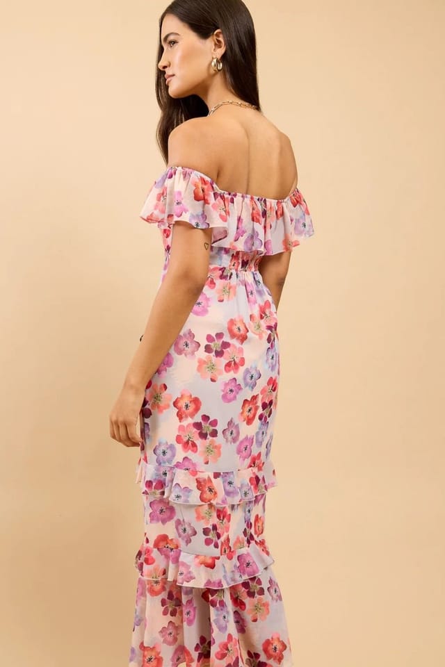 Little Mistress Little Mistress Women's Floral Print Ruffle Bardot Midaxi Dress - 2