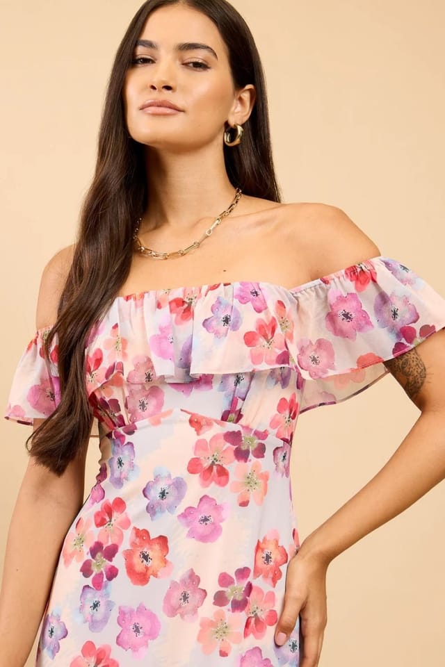 Little Mistress Little Mistress Women's Floral Print Ruffle Bardot Midaxi Dress - 3