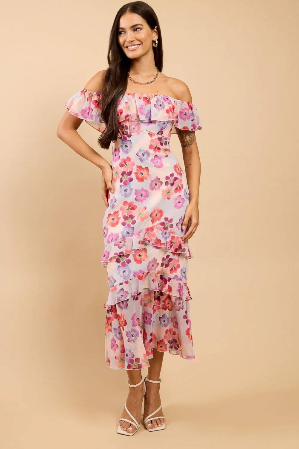 Little Mistress Little Mistress Women's Floral Print Ruffle Bardot Midaxi Dress - 4