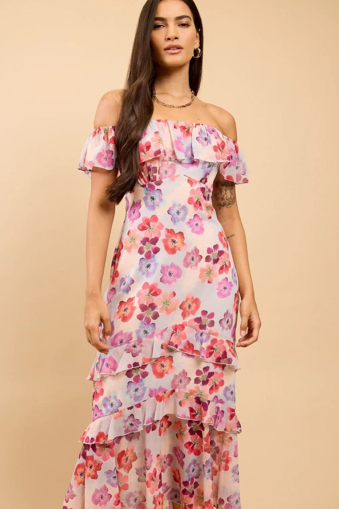 Little Mistress Little Mistress Women's Floral Print Ruffle Bardot Midaxi Dress - 4