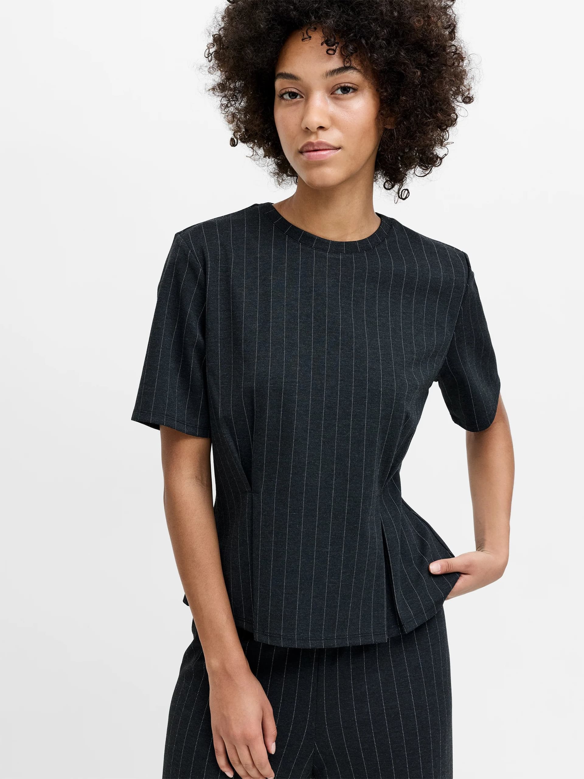 French Connection Sarai Grey Pinstripe Pleat Detail T-Shirt Grey/White