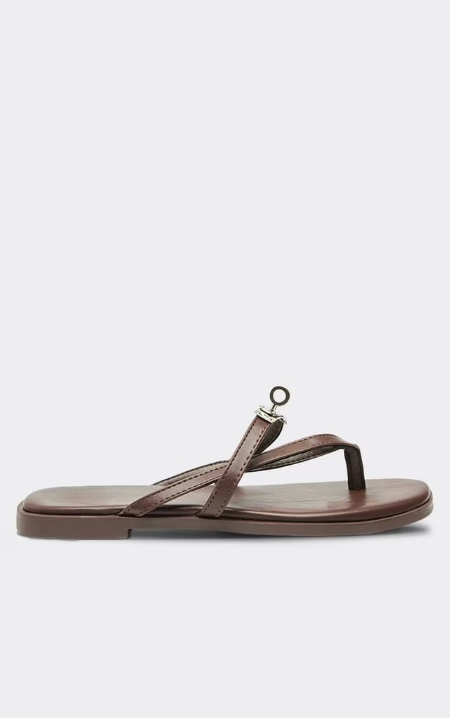 EGO Jedd Lock Detail Toe Loop Flat Slider Sandal In Brown Faux Leather, Women's Size UK 3 - 2