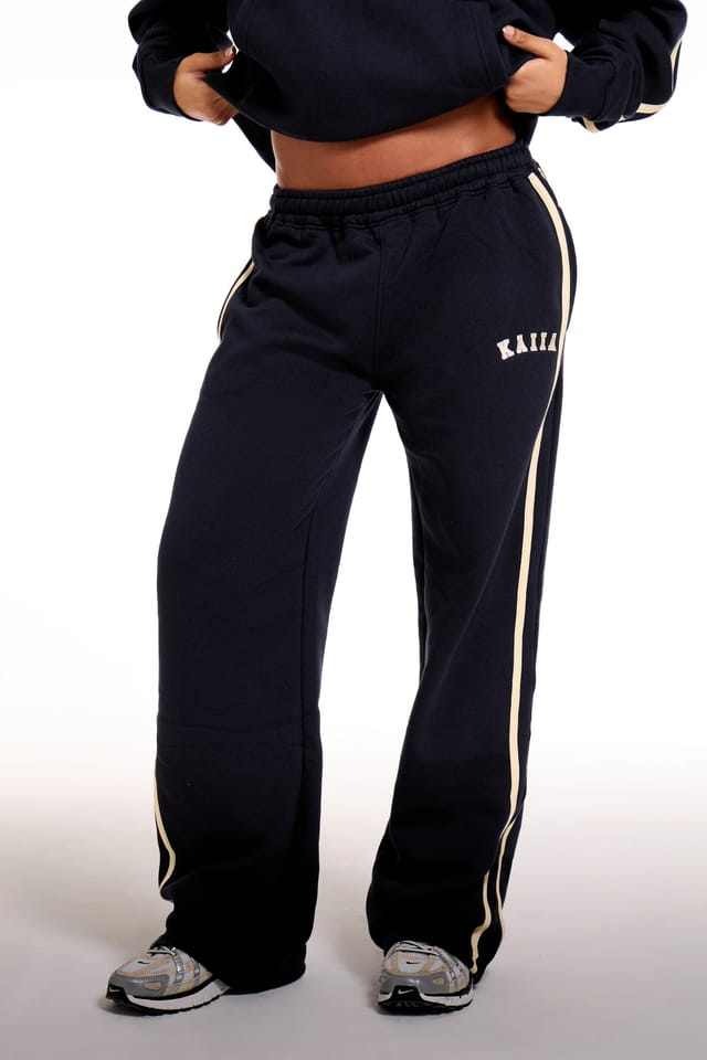 Kaiia Kaiia Sport Side Stripe Wide Leg Joggers Ink Blue & Soft Yellow - 2