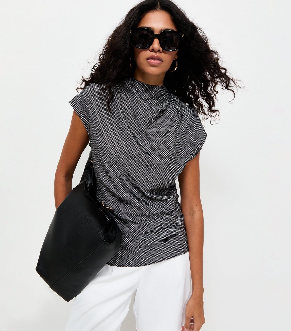 Women's Grey Woven Check Pattern Cowl Neck Cap Sleeve Top New Look