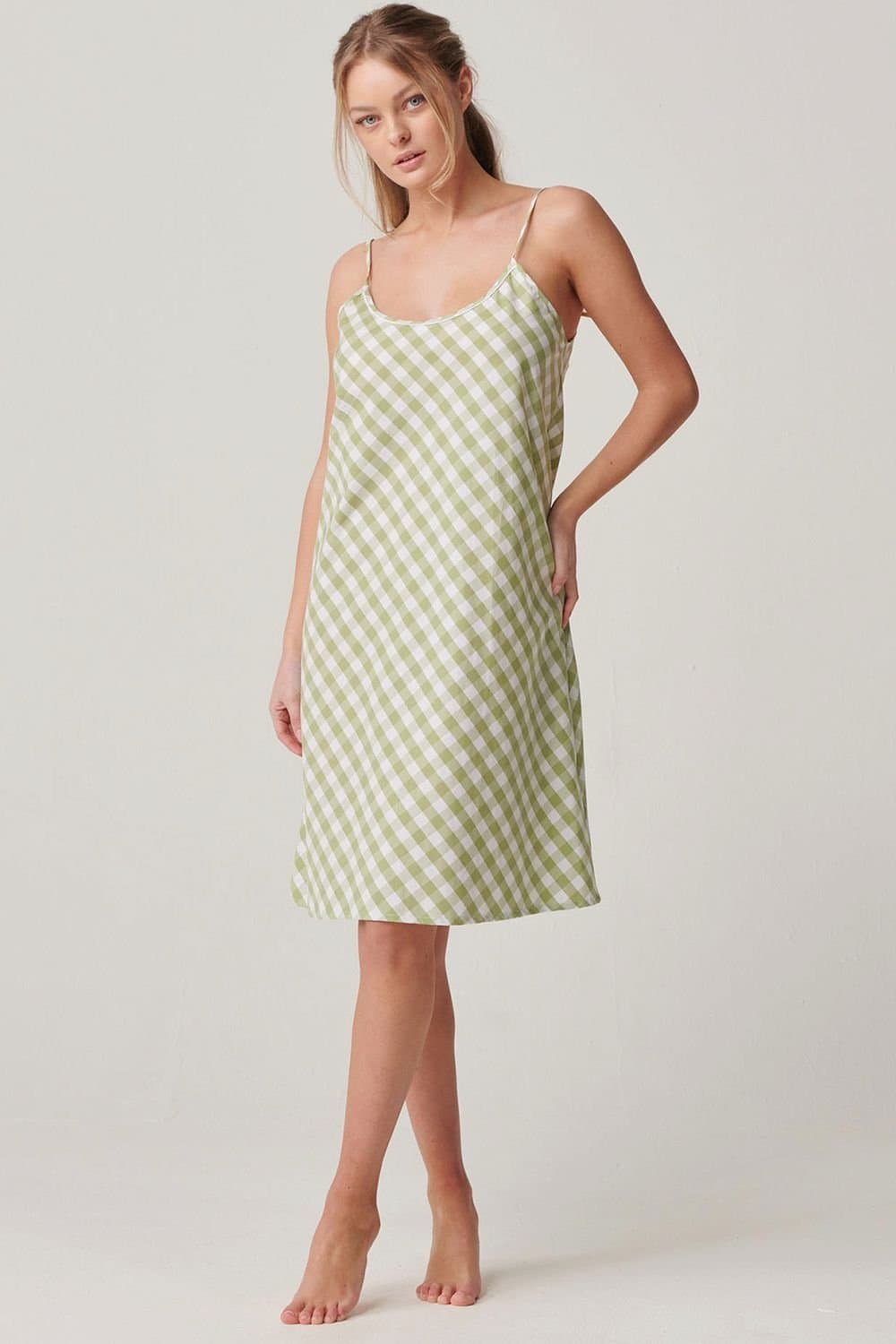 British Boxers British Boxers Women's "Field Green" Gingham Crisp Cotton Strappy Nightdress in Light Green