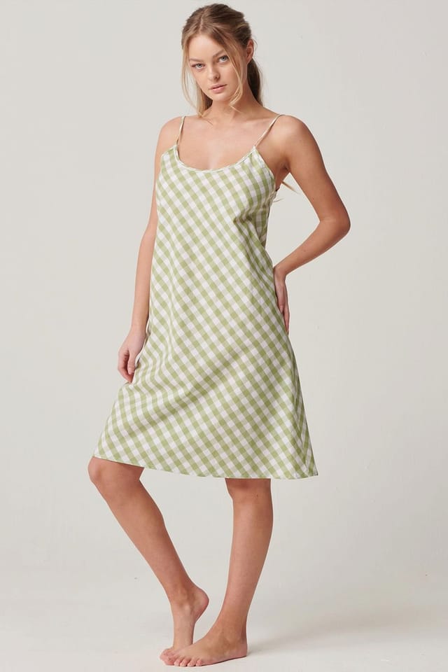 British Boxers British Boxers Women's "Field Green" Gingham Crisp Cotton Strappy Nightdress in Light Green - 2