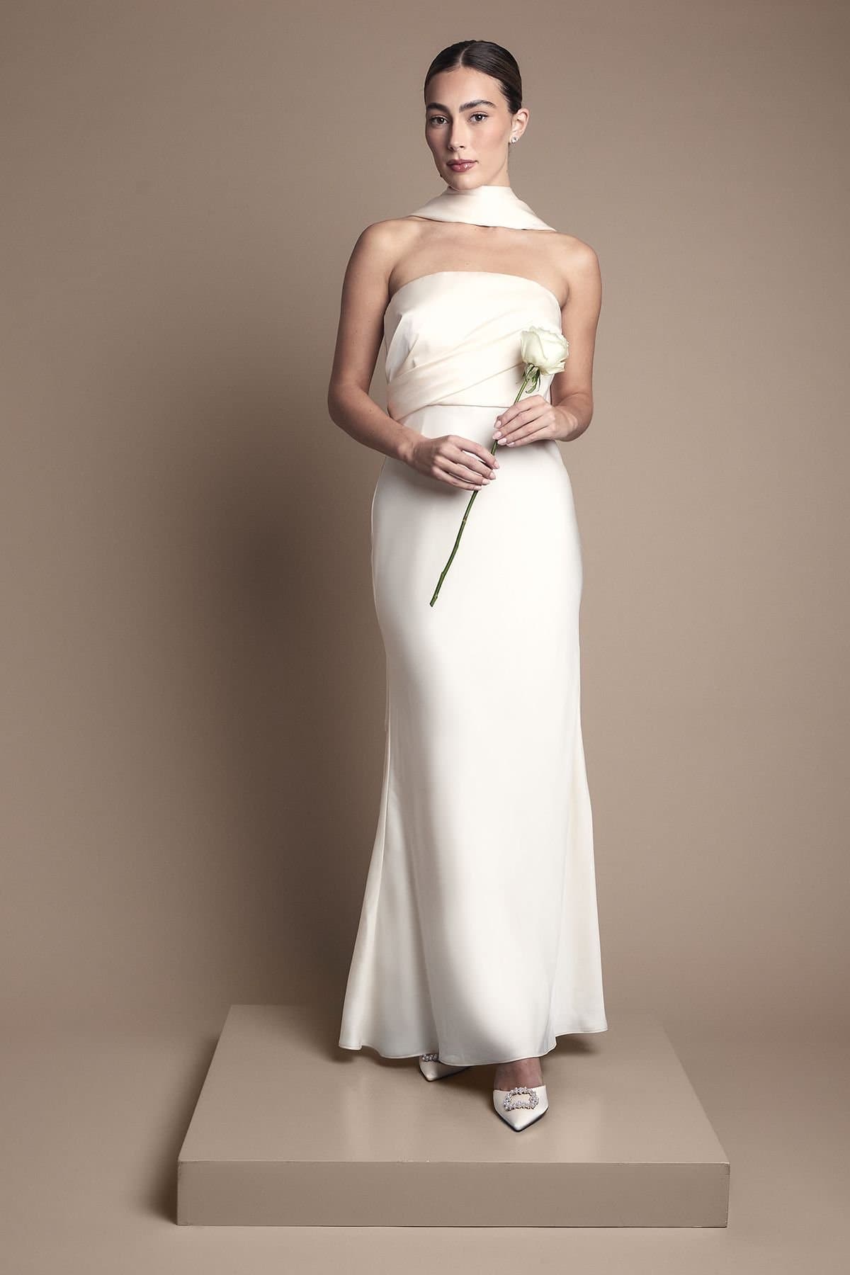 Coast Coast Women's Satin Fishtail Wedding Dress with Drape Scarf in Ivory
