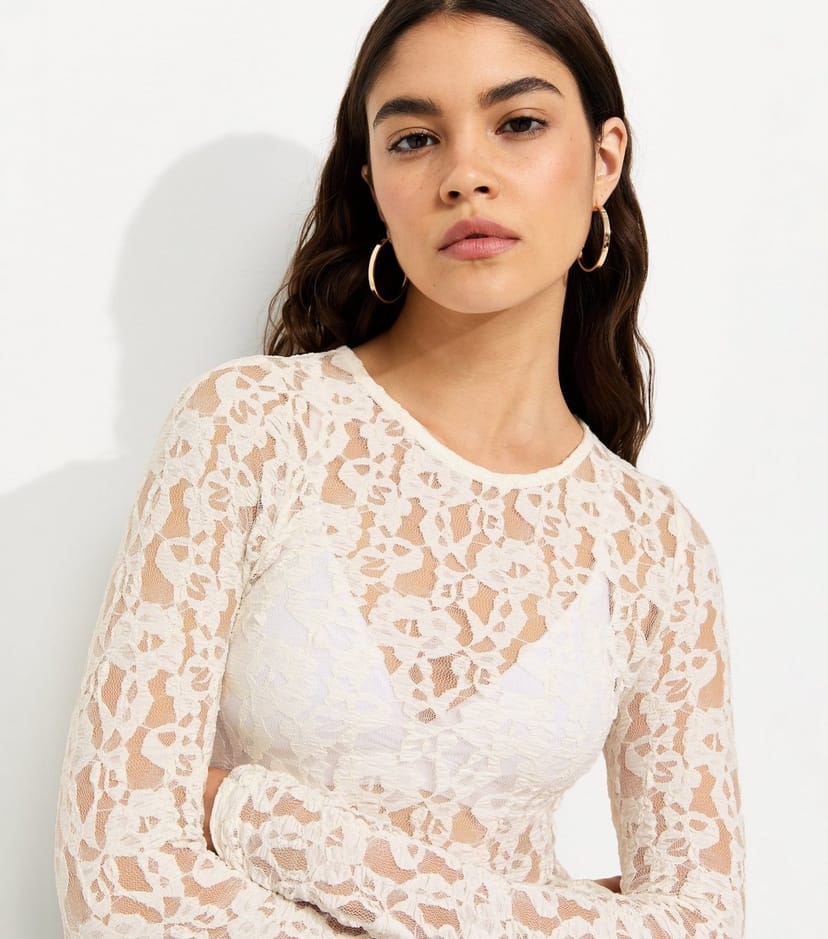 New Look Women's Cream Sheer Floral Lace Long Sleeve Top New Look - 1