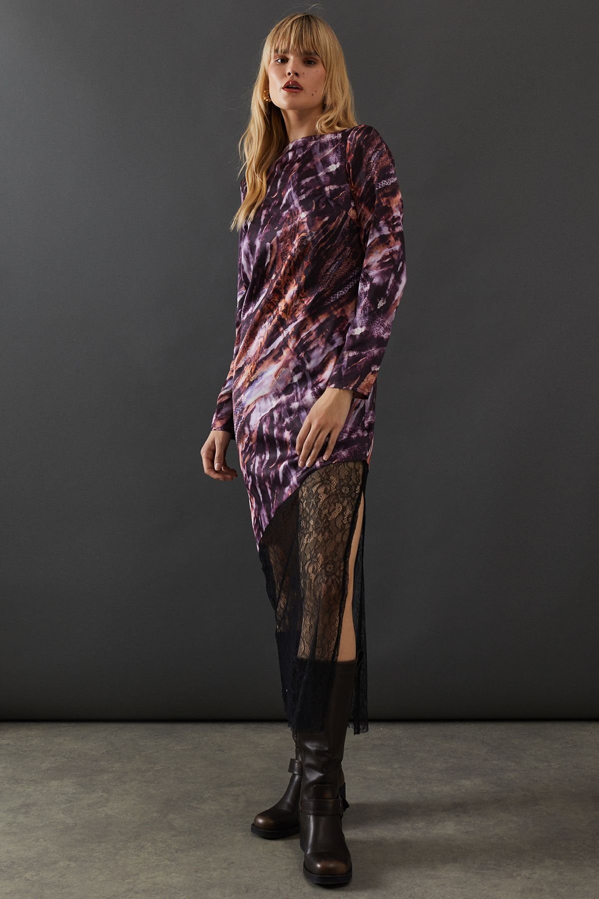 Warehouse Warehouse Women's Marble Satin Column Lace Panel Midi Dress - 1