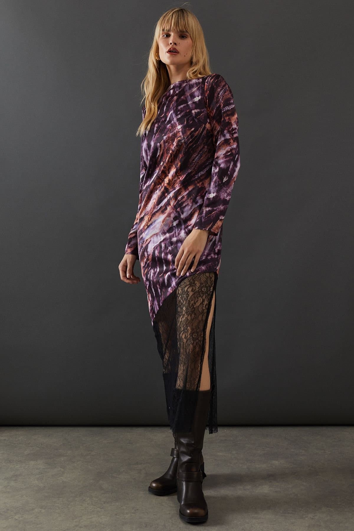 Warehouse Warehouse Women's Marble Satin Column Lace Panel Midi Dress