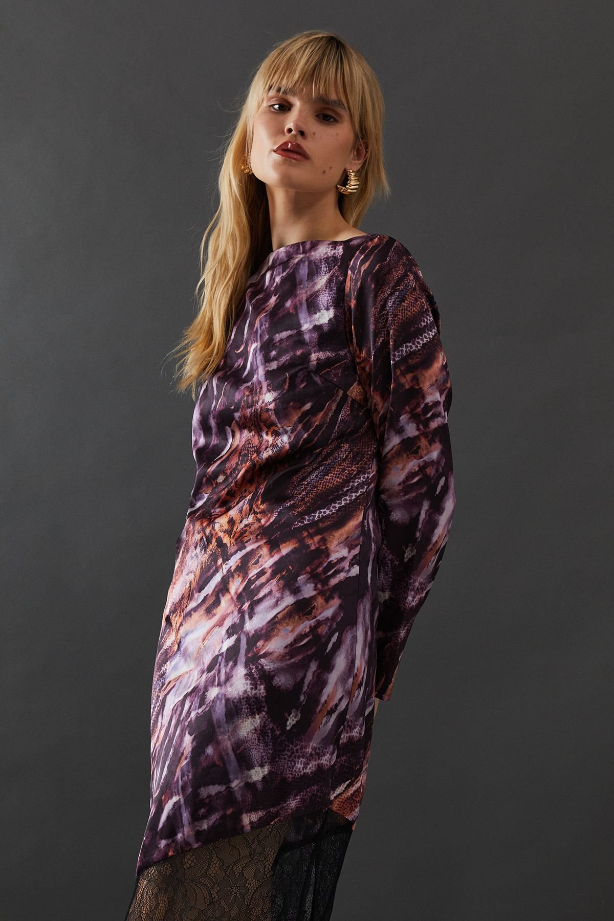 Warehouse Warehouse Women's Marble Satin Column Lace Panel Midi Dress - 4